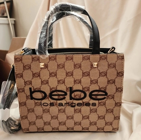 Bebe Los Angeles Talulla Mini Tan and Black Logo Tote - Picture 7 of 10